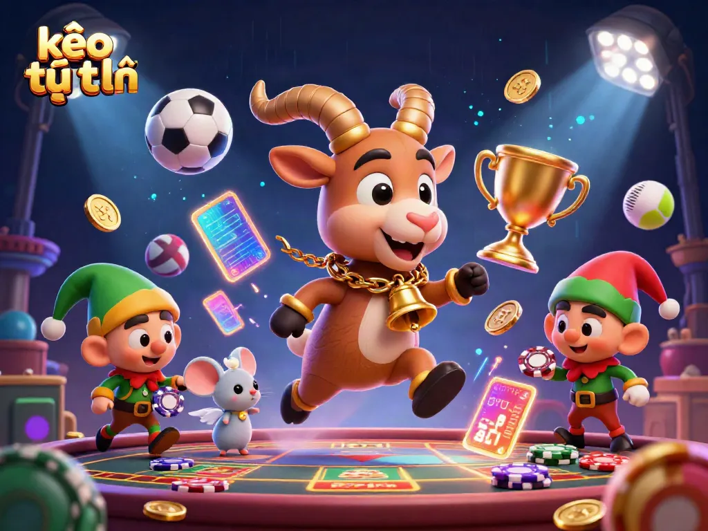 Engaging kèo trực tuyến scene with Krampus, an angel mouse, and elf gremlins amidst sports betting elements.