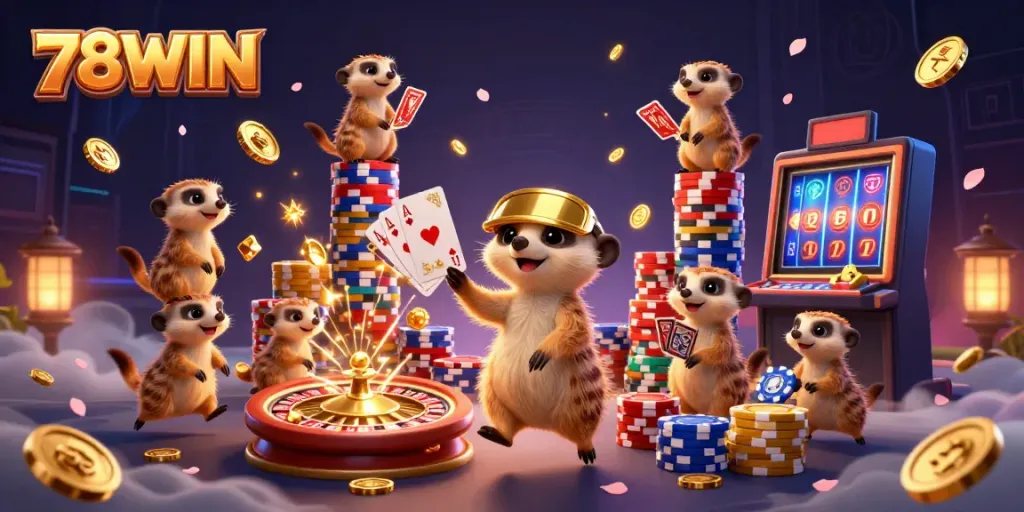 79WIN casino scene featuring meerkats in dynamic gambling activities with spinning roulette and colorful chips.