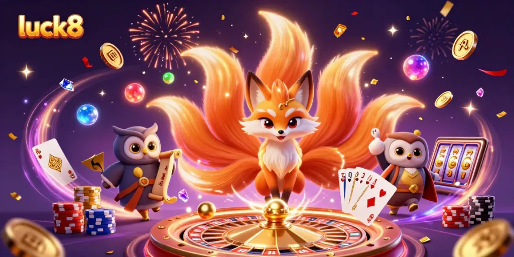 Experience the thrilling luck8 casino atmosphere with a vibrant scene of a nine-tailed fox and wise owl amidst magical gaming elements.
