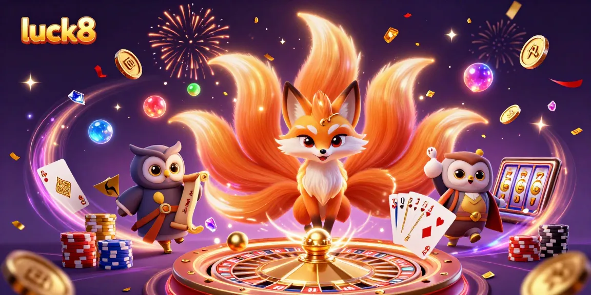 Experience the thrilling luck8 casino atmosphere with a vibrant scene of a nine-tailed fox and wise owl amidst magical gaming elements.