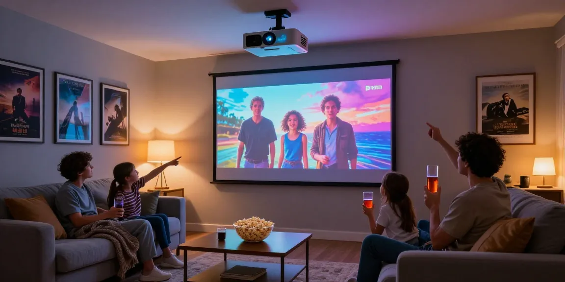 Family enjoying movie night with the best projector 2026 in a cozy home theater.