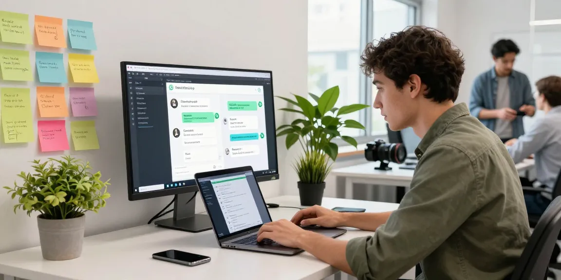 WhatsApp下載 mobile app development workspace showcasing coding and collaboration.