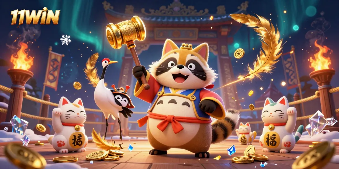 Experience the excitement of 11WIN casino with vibrant characters and gold coins in a dynamic digital illustration.