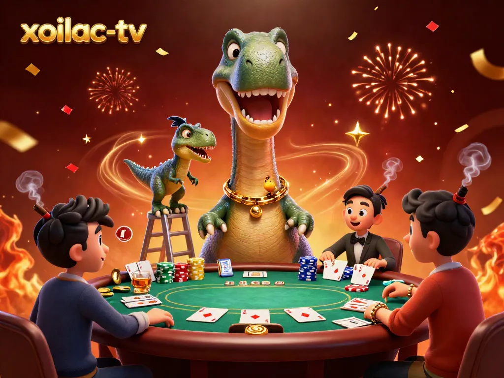 Experience thrilling poker action with xoilac-tv, where a giant brontosaurus overshadows a bustling casino.