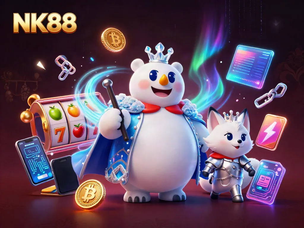 Spin the reels with NK88, experiencing vibrant casino excitement and crypto elements intertwined.