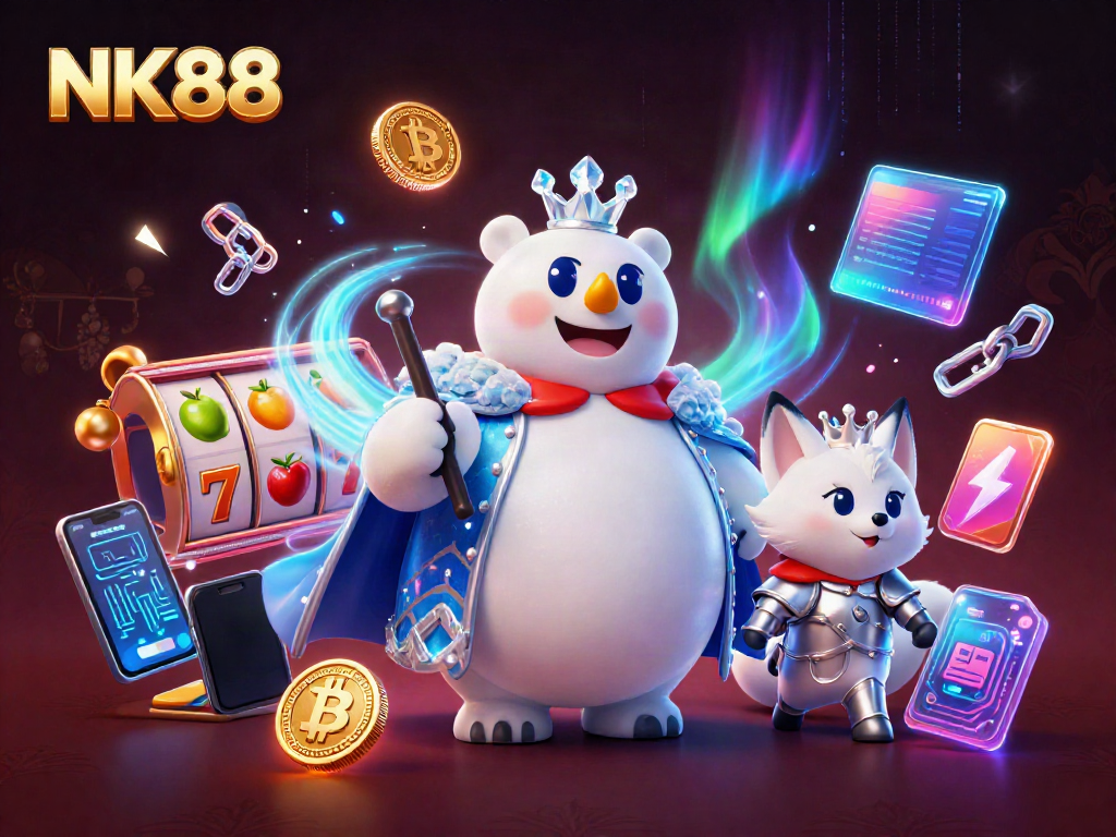 Spin the reels with NK88, experiencing vibrant casino excitement and crypto elements intertwined.