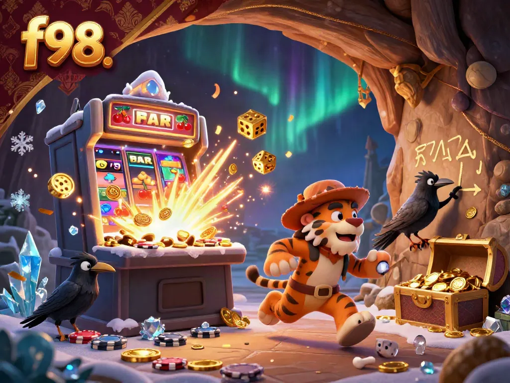 Experience f98 in a vibrant casino scene with a caveman, sabertooth tiger, and crow amidst jackpot excitement.
