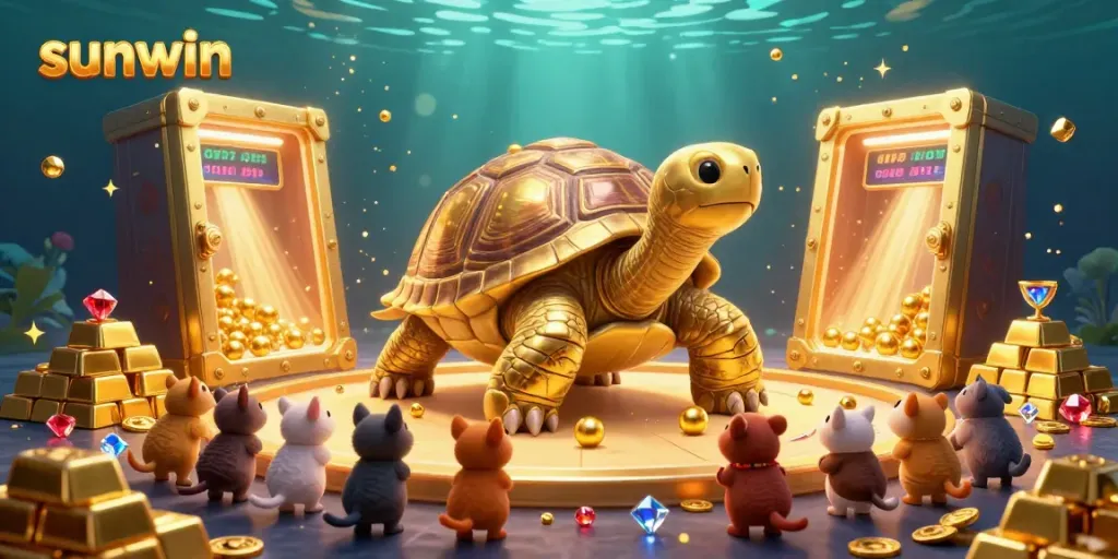 Engage with sunwin on a vibrant, interactive casino adventure featuring a golden tortoise and treasure.