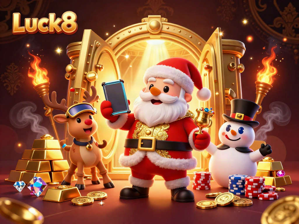 Engage with Luck8 in a vibrant 3D casino scene featuring a jolly Santa, his reindeer, and a snowman amid overflowing treasures.