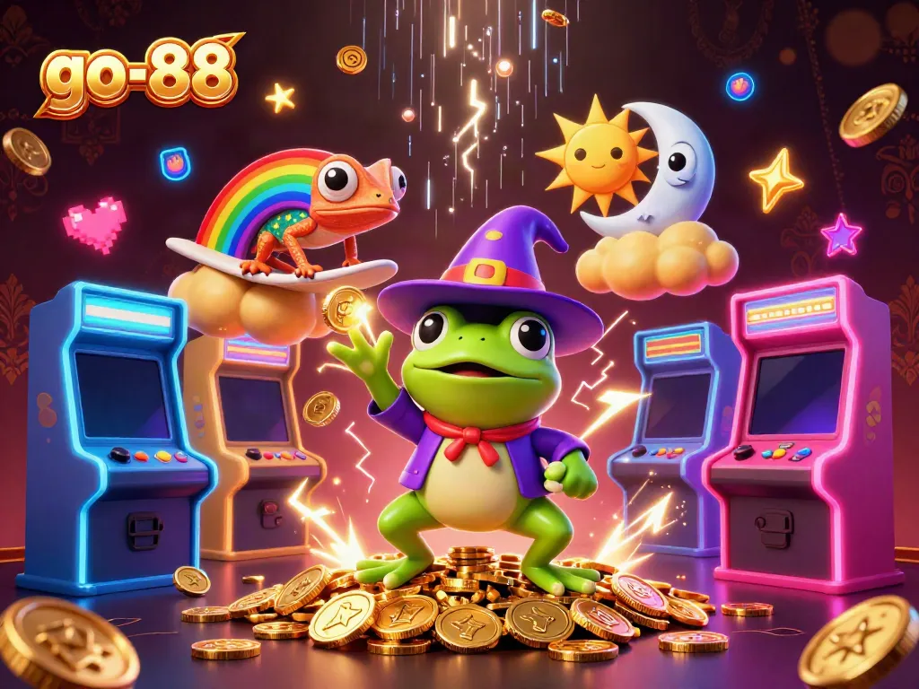 Experience a thrilling moment with go-88 as a weather wizard frog conjures golden coins amidst a vibrant, dynamic casino scene.