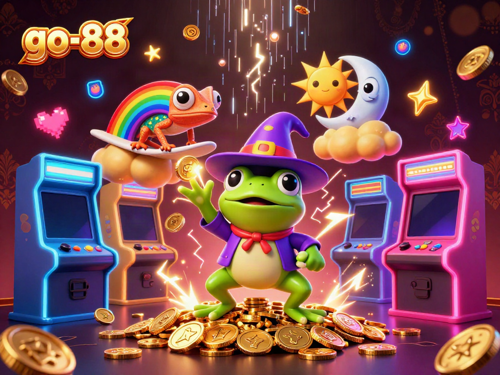 Experience a thrilling moment with go-88 as a weather wizard frog conjures golden coins amidst a vibrant, dynamic casino scene.