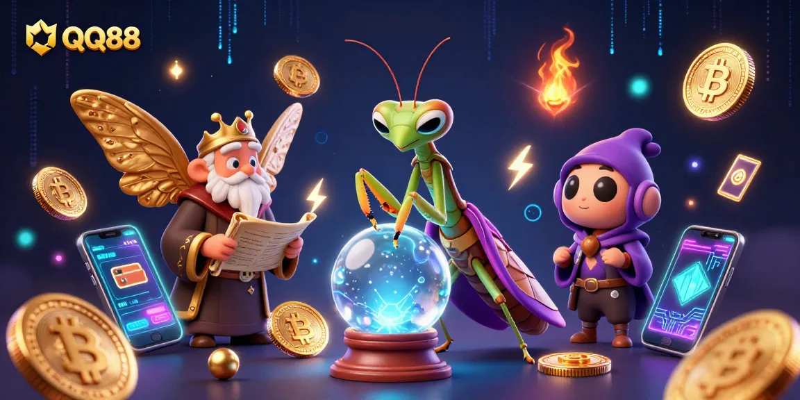 Unleash luck with QQ88 casino games, featuring a mystical scene with fortune teller and glowing crypto elements.