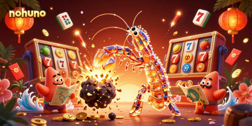 Nohuno showcases dynamic gaming action with a galactic shrimp and starfish amidst sparkling casino elements.