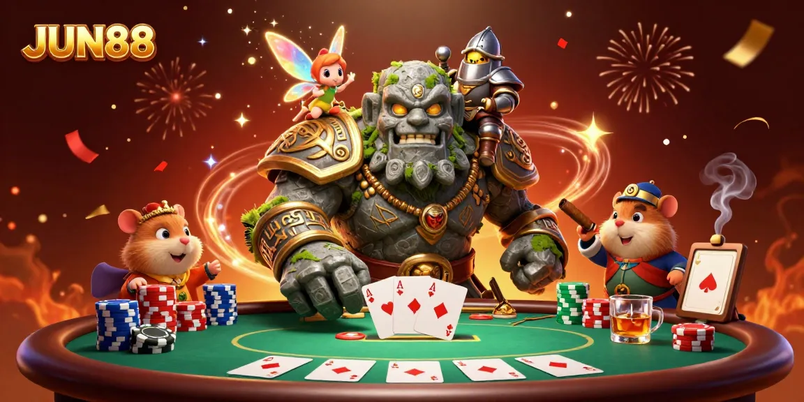Experience thrilling gaming at JUN88 with a mystical golem, fairy, and hamster knight amidst vibrant poker elements.