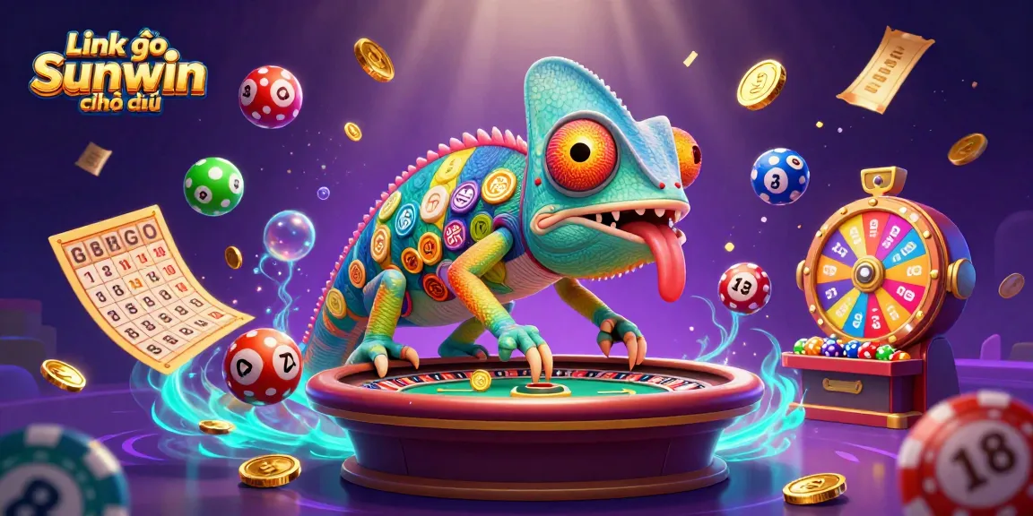 Engage with Link vào Sunwin chính thức at a vibrant casino scene featuring dynamic game elements and a colorful chameleon.