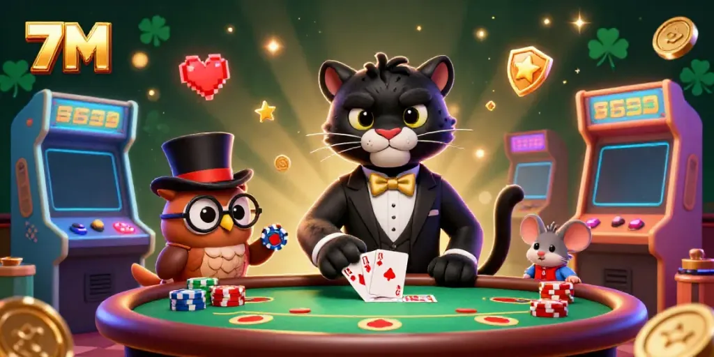 Engage with 7M's vibrant atmosphere showcasing a stylish panther, owl, and mouse around a poker table bursting with casino energy.